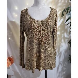 Norma Kamali Leopard Animal Print Slinky Stretch Scoop Neck Top Size XL Cheetah